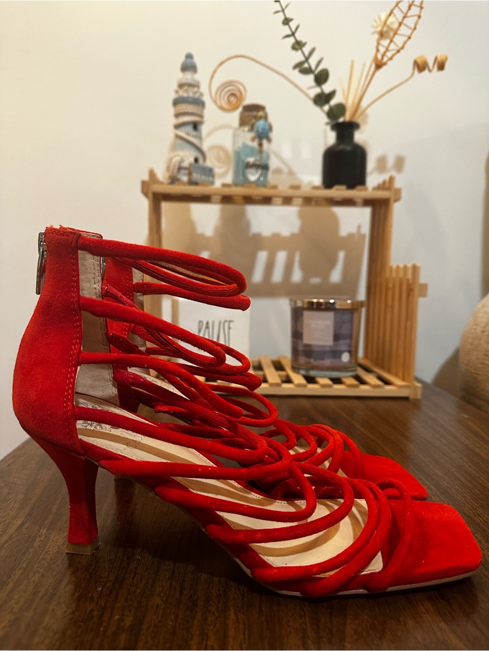 Vince Camuto Red Strappy Suede Kitten Heel Sandals